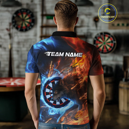 Custom Orange And Blue Smoke Flame Wolf Dart Team Men Polo Shirts, Fire Dart Jerseys IPHW10003