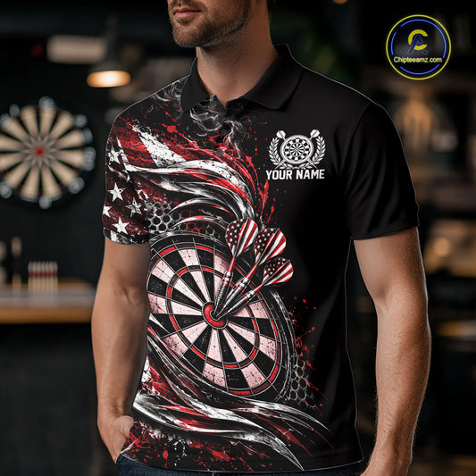 Custom Black And Red Patriotic Smoke US Flag Bullseye Dart Men Polo Shirt, Dart Jersey IPHW12517