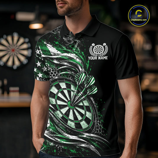 Custom Black And Green Patriotic Smoke US Flag Bullseye Dart Men Polo Shirt, Dart Jersey IPHW12519