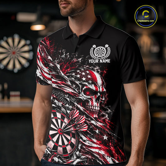 Custom Red Patriotic Dart Men Polo Shirt, US Flag Skull Dart League Team Jersey IPHW12527