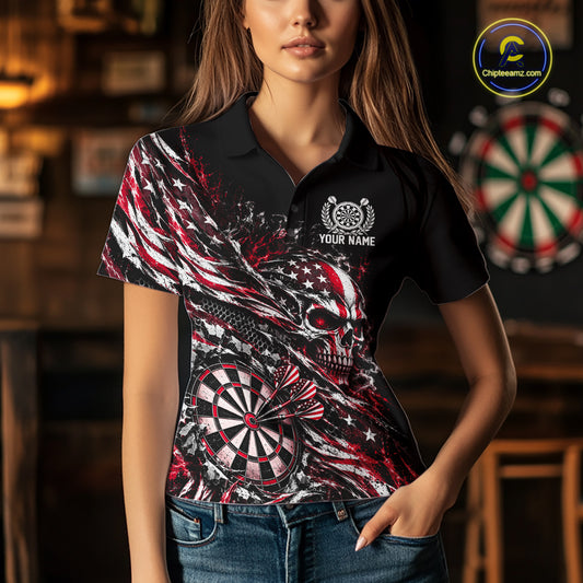Custom Red Patriotic Dart Women Polo Shirt, US Flag Skull Dart League Team Jersey IPHW12527