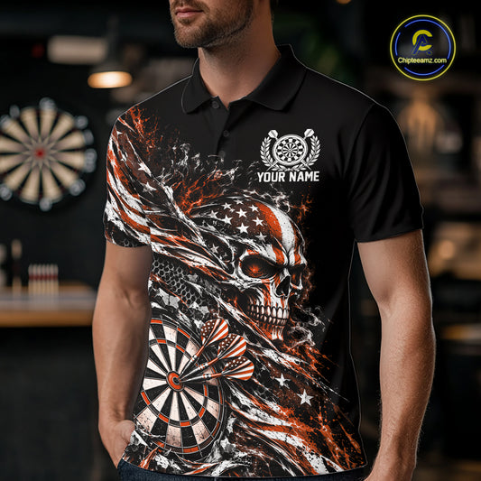 Custom Orange Patriotic Dart Men Polo Shirt, US Flag Skull Dart League Team Jersey IPHW12528