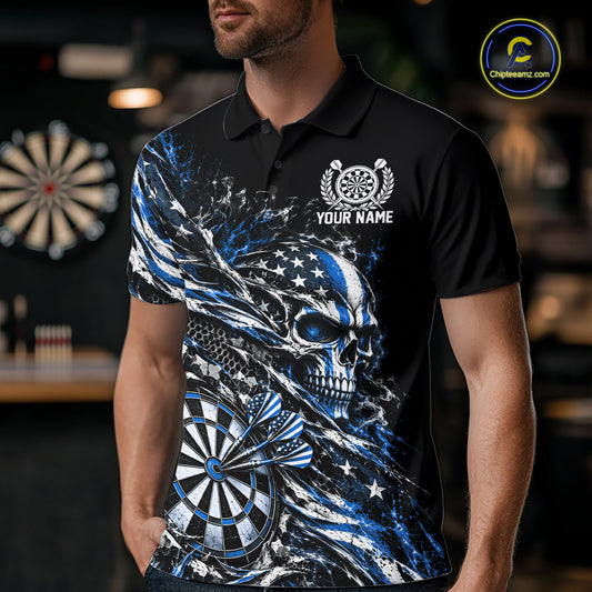 Custom Blue Patriotic Dart Men Polo Shirt, US Flag Skull Dart League Team Jersey IPHW12529