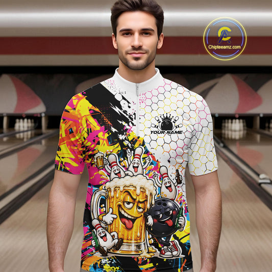 Custom Colorful Splatter Graffiti Funny Bowling And Beer Men Quarter Zip Shirt, Bowling Jersey IPHW12174