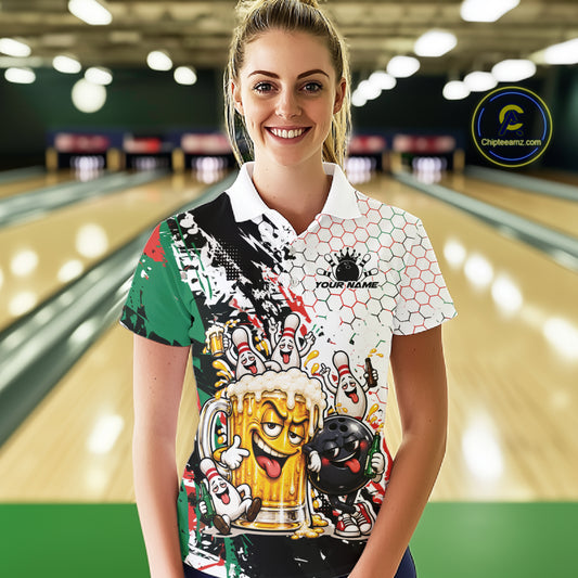 Custom Christmas Vibe Funny Bowling And Beer Drinking Women Polo Shirt, Bowling Jersey IPHW12176