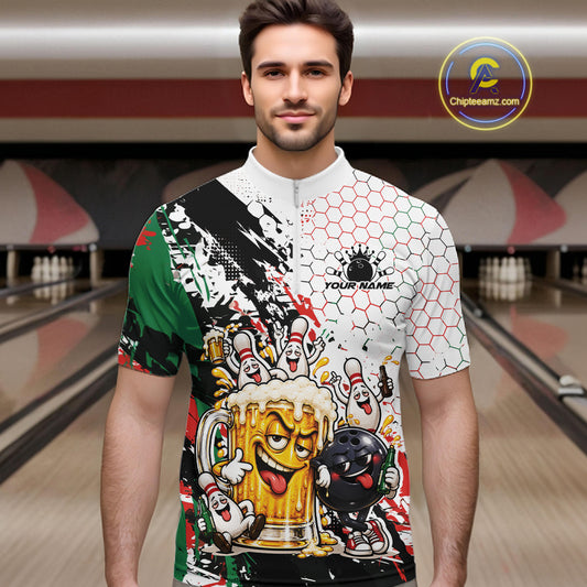 Custom Christmas Vibe Funny Bowling And Beer Drinking Men Quarter Zip Shirt, Bowling Jersey IPHW12176