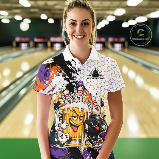 Custom Halloween Vibe Funny Bowling And Beer Drinking Women Polo Shirt, Bowling Jersey IPHW12177