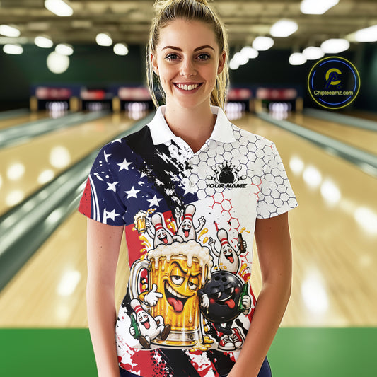 Custom Patriotic Funny Bowling And Beer US Flag Bowling Team Women Polo Shirt IPHW12179
