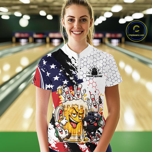 Custom Patriotic Funny Bowling And Beer US Flag Bowling Team Women Quarter-Zip Shirt IPHW12179