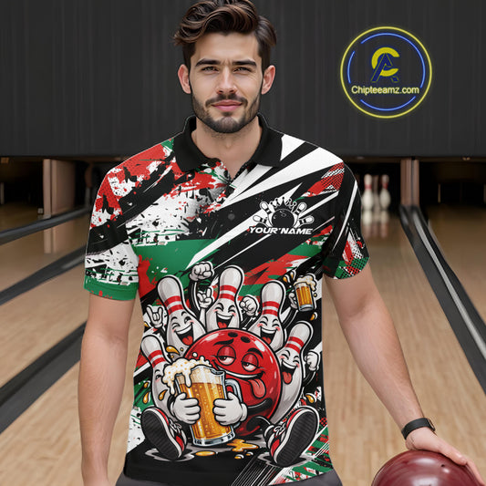 Custom Christmas Celebration Party Funny Bowling And Beer Men Polo Shirt, Bowlers Gift IPHW12180