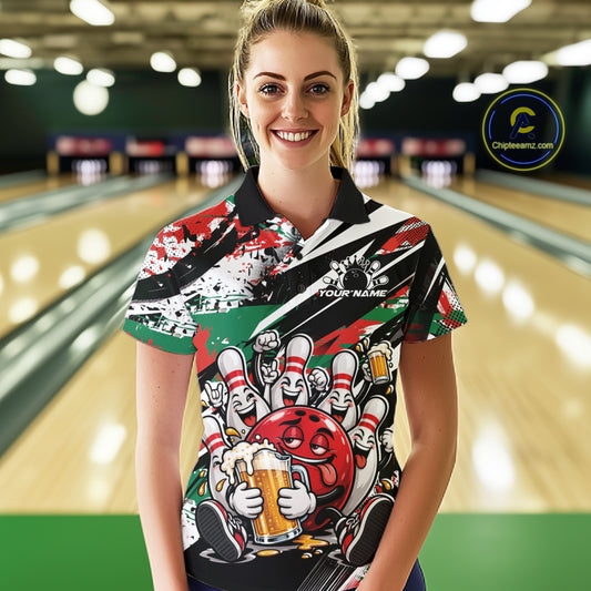 Custom Christmas Celebration Party Funny Bowling And Beer Women Polo Shirt, Bowlers Gift IPHW12180