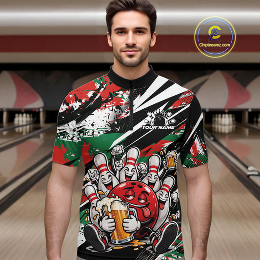 Custom Christmas Celebration Party Funny Bowling And Beer Men Quarter Zip Shirt, Bowlers Gift IPHW12180