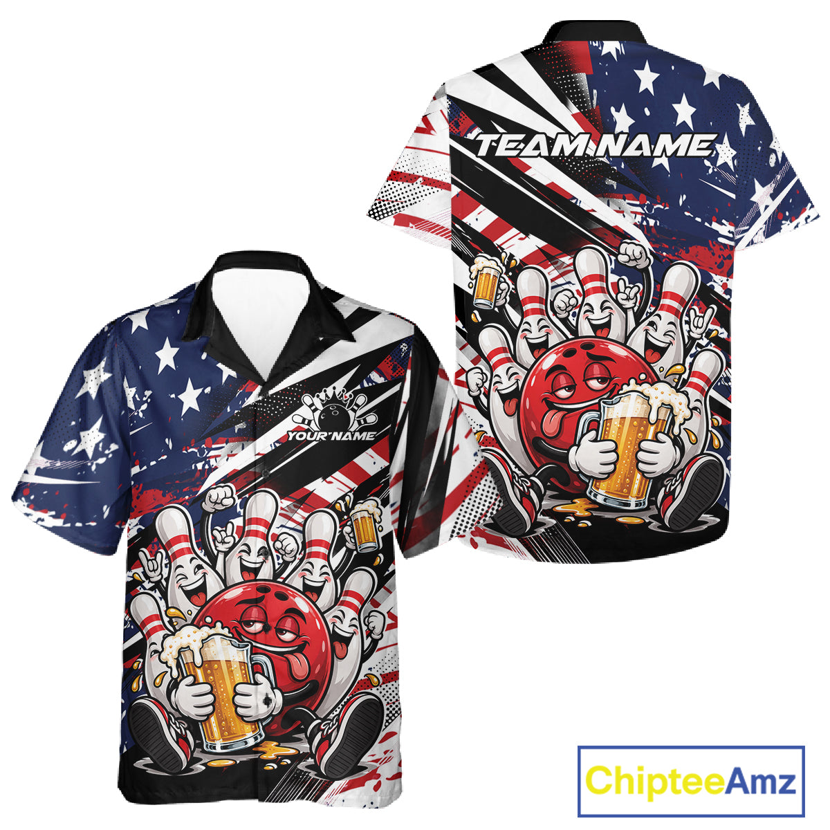 Custom Patriotic Funny Bowling And Beer Men And Women Button Up Shirt, American Flag Bowling Jersey IPHW12183