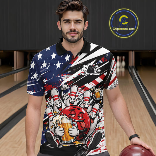 Custom Patriotic Funny Bowling And Beer Men Polo Shirt, American Flag Bowling Jersey IPHW12183