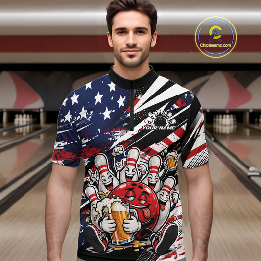Custom Patriotic Funny Bowling And Beer Men Quarter Zip Shirt, American Flag Bowling Jersey IPHW12183