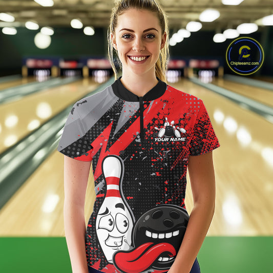 Custom Funny Bowling Women Quarter-Zip Shirt, Red Bowling Ball And Pin Bowling Jersey IPHW10257