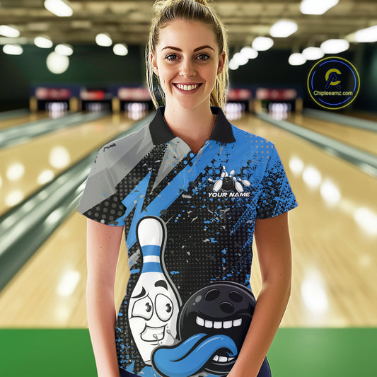 Custom Funny Bowling Polo Shirt For Women, Blue Bowling Ball And Pin Bowling Jersey IPHW10260