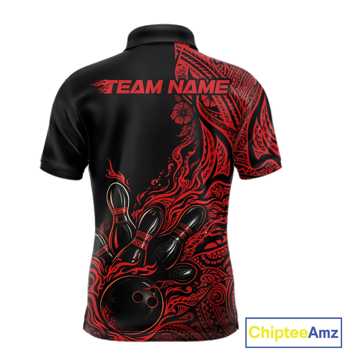 Custom Black And Red Orange Tribal Pattern Flame Bowling Team Shirts, Polynesian Bowling League Shirt IPHW10491
