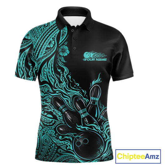 Custom Black And Turquoise Blue Tribal Flame Bowling Team Shirts, Polynesian Bowling Ball Bowling League Shirt IPHW10493