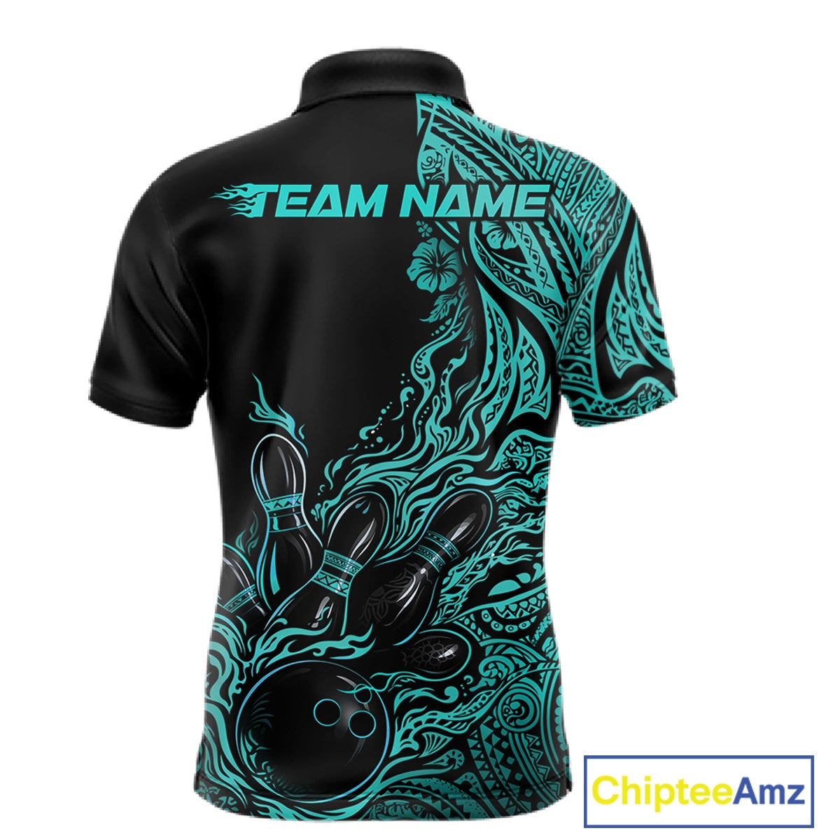Custom Black And Turquoise Blue Tribal Flame Bowling Team Shirts, Polynesian Bowling Ball Bowling League Shirt IPHW10493