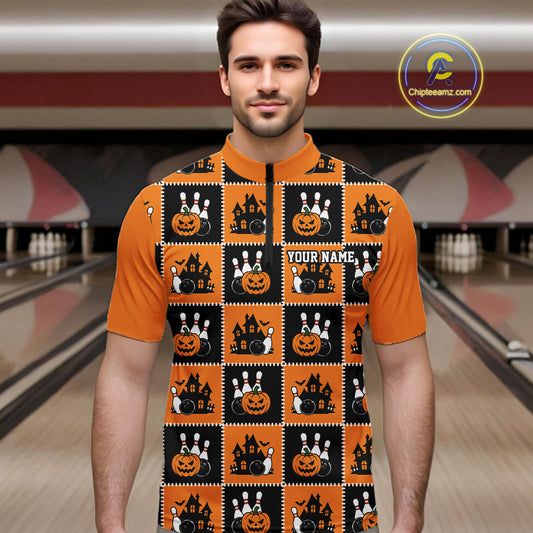 Custom Black And Orange Halloween Bowling Patwork Bowling Team Men Quarter Zip Shirt IPHW11933