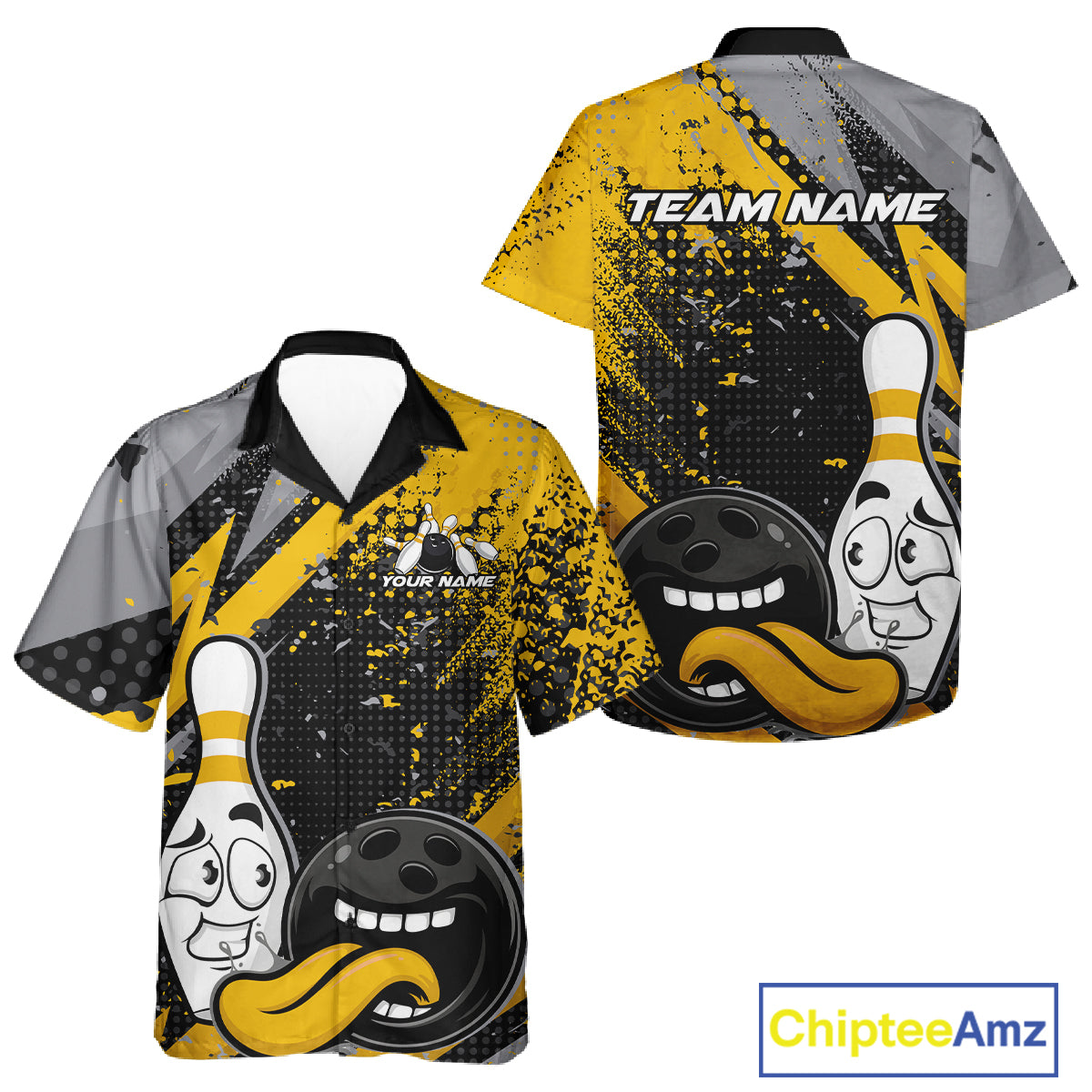 Custom Funny Bowling Men And Women Button Up Shirt, Yellow Bowling Ball And Pin Bowling Jersey IPHW12729