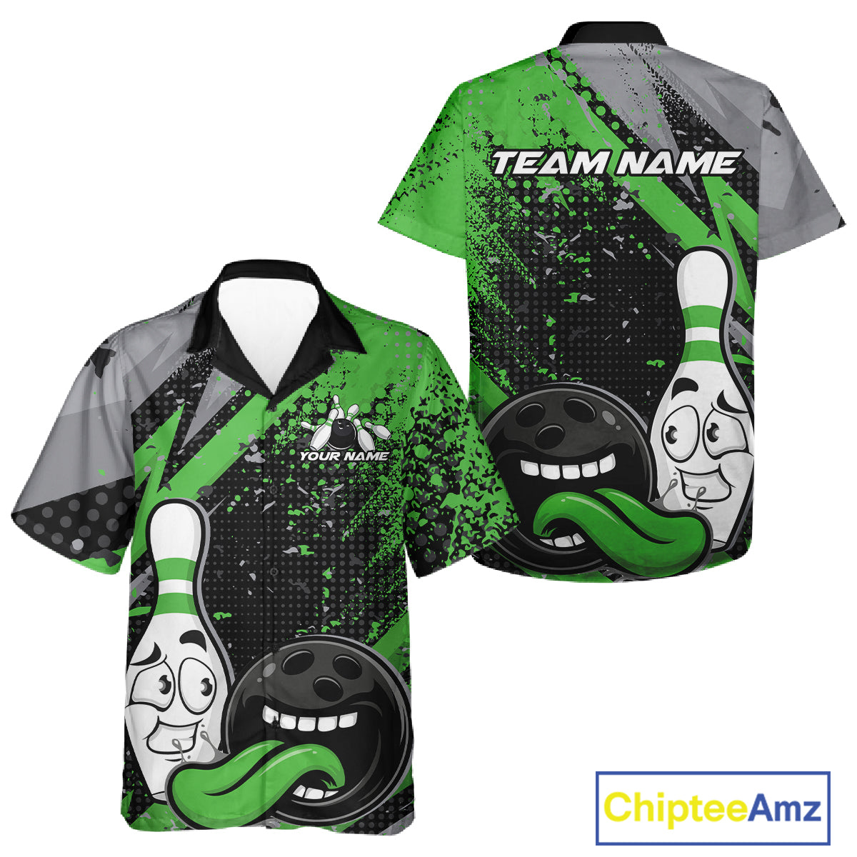 Custom Funny Bowling Men And Women Button Up Shirt, Green Bowling Ball And Pin Bowling Jersey IPHW12731