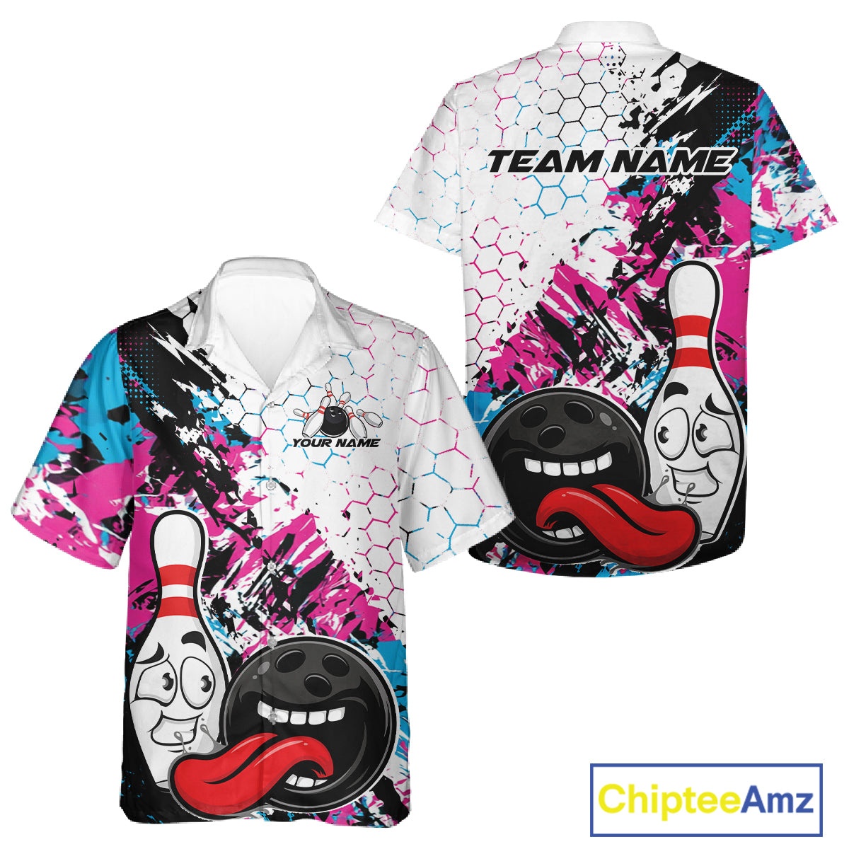Custom Blue And Pink Funny Bowling Team Men And Women Button Up Shirt, Bowling Jersey Bowler Gift IPHW12270