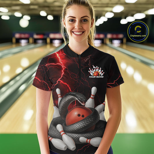 Custom Black And Red Thunder Lightning Black Mamba Snake Bowling Team Women Shirt IPHW10152