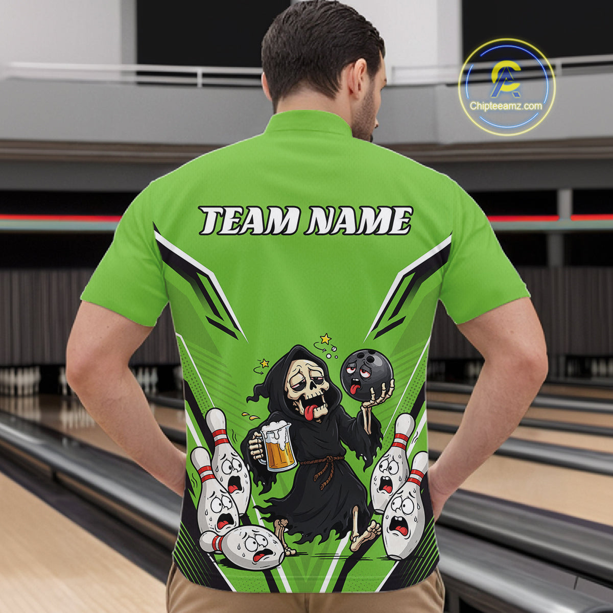 Close-up fabric detail of lightweight 100% polyester quick-dry bowling shirt