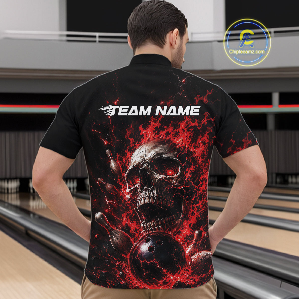 Custom Red Flame Skull Halloween Bowling Men Quarter Zip Shirt, Bowling Jersey IPHW11957