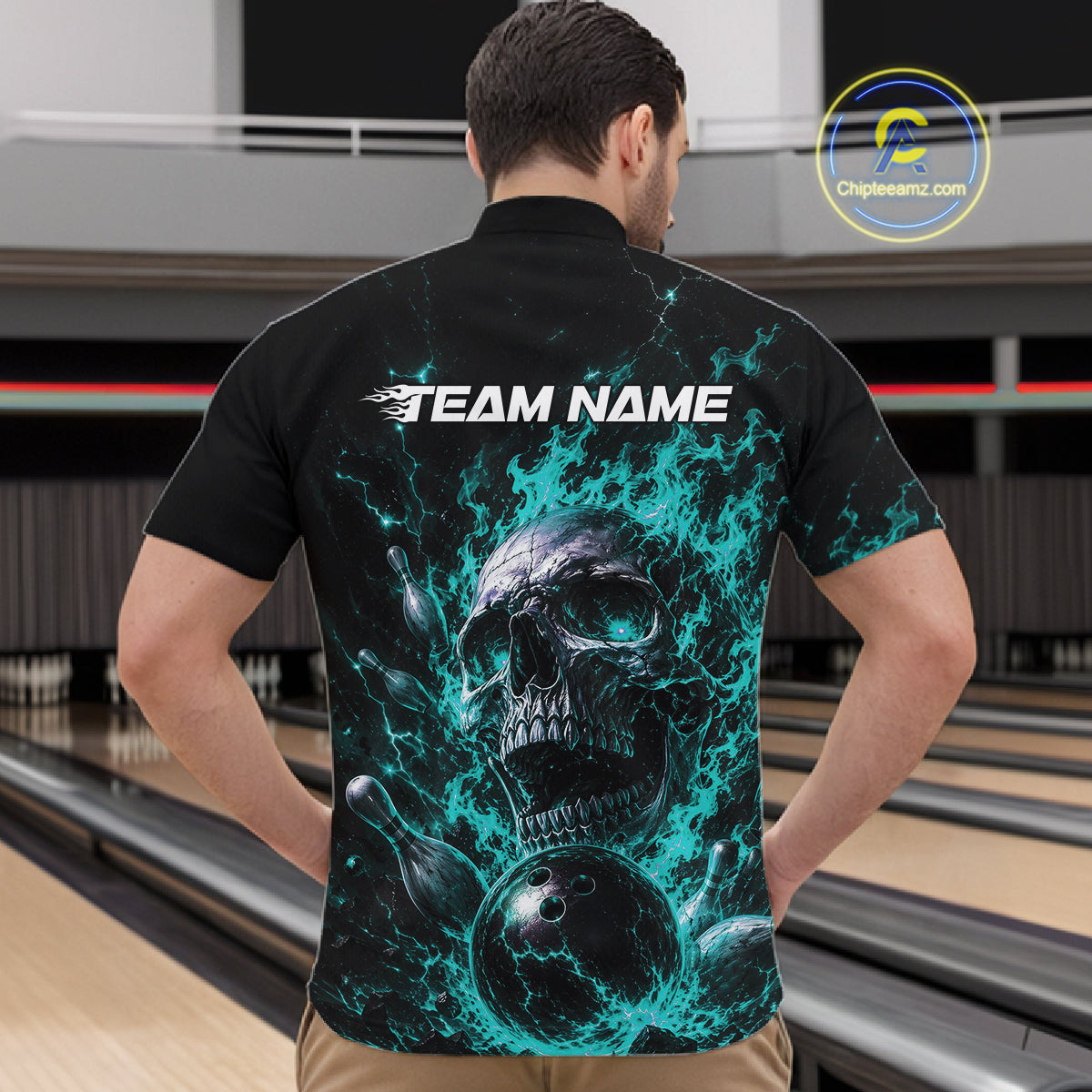 Custom Turquoise Blue Flame Skull Halloween Bowling Men Quarter Zip Shirt, Bowling Jersey IPHW11958