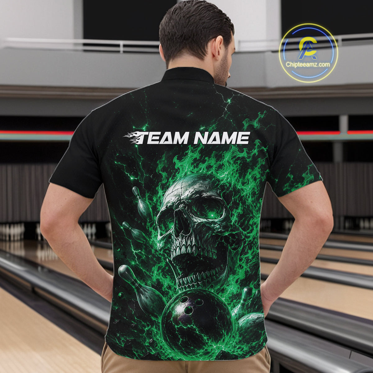 Custom Green Flame Skull Halloween Bowling Men Quarter Zip Shirt, Bowling Jersey IPHW11960