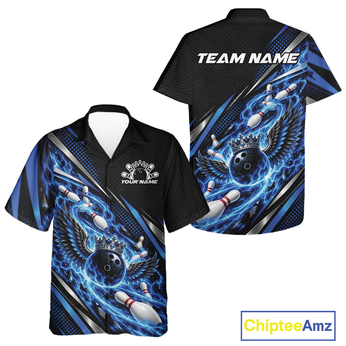 Custom Blue Flame Bowling Men And Women Button Up Shirt, Crown Bowling Ball With Wings Bowling Jersey IPHW12309