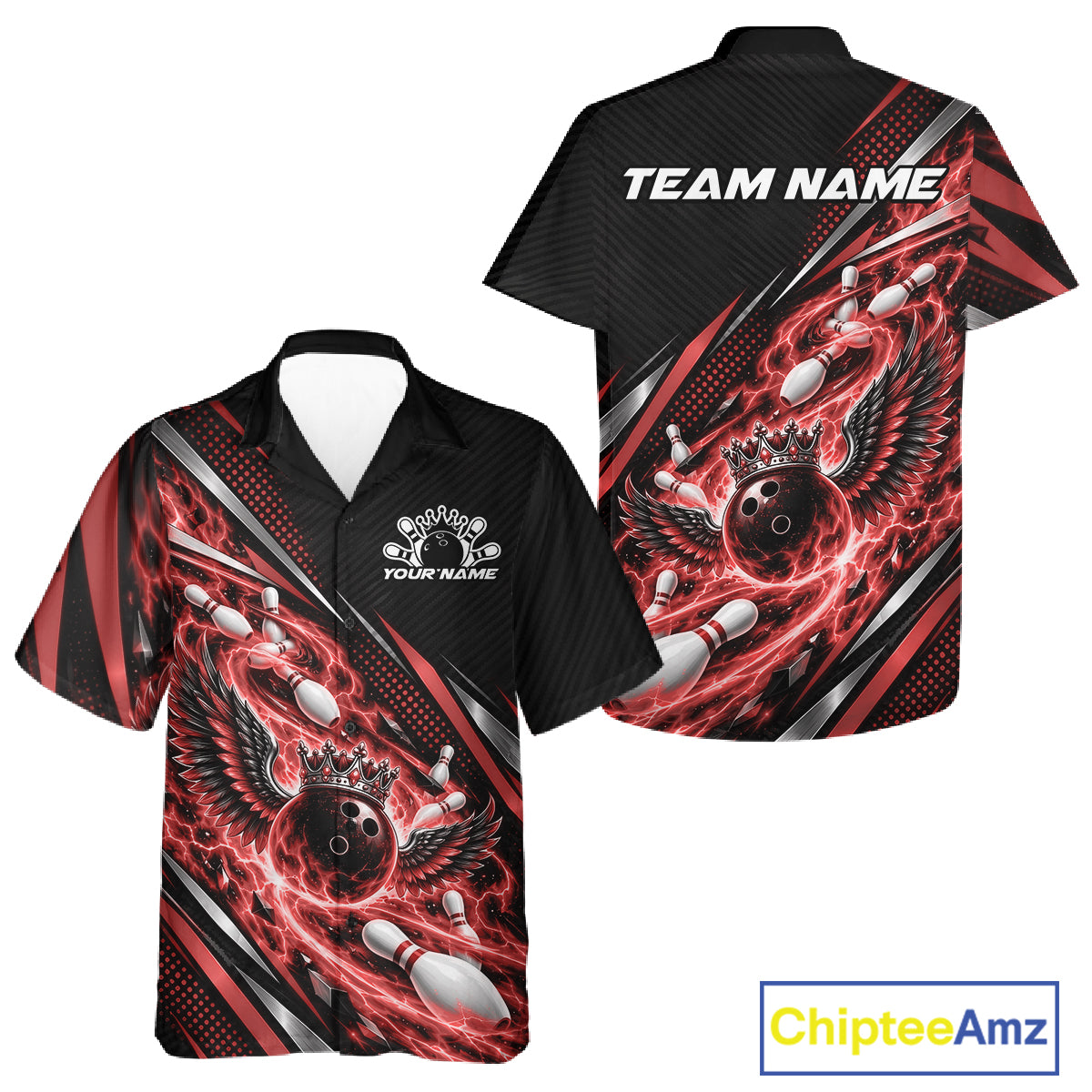 Custom Red Flame Bowling Men And Women Button Up Shirt, Crown Bowling Ball With Wings Bowling Jersey IPHW12310