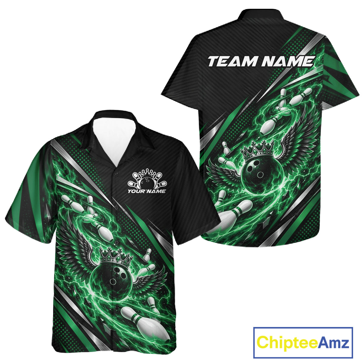 Custom Green Flame Bowling Men And Women Button Up Shirt, Crown Bowling Ball With Wings Bowling Jersey IPHW12311