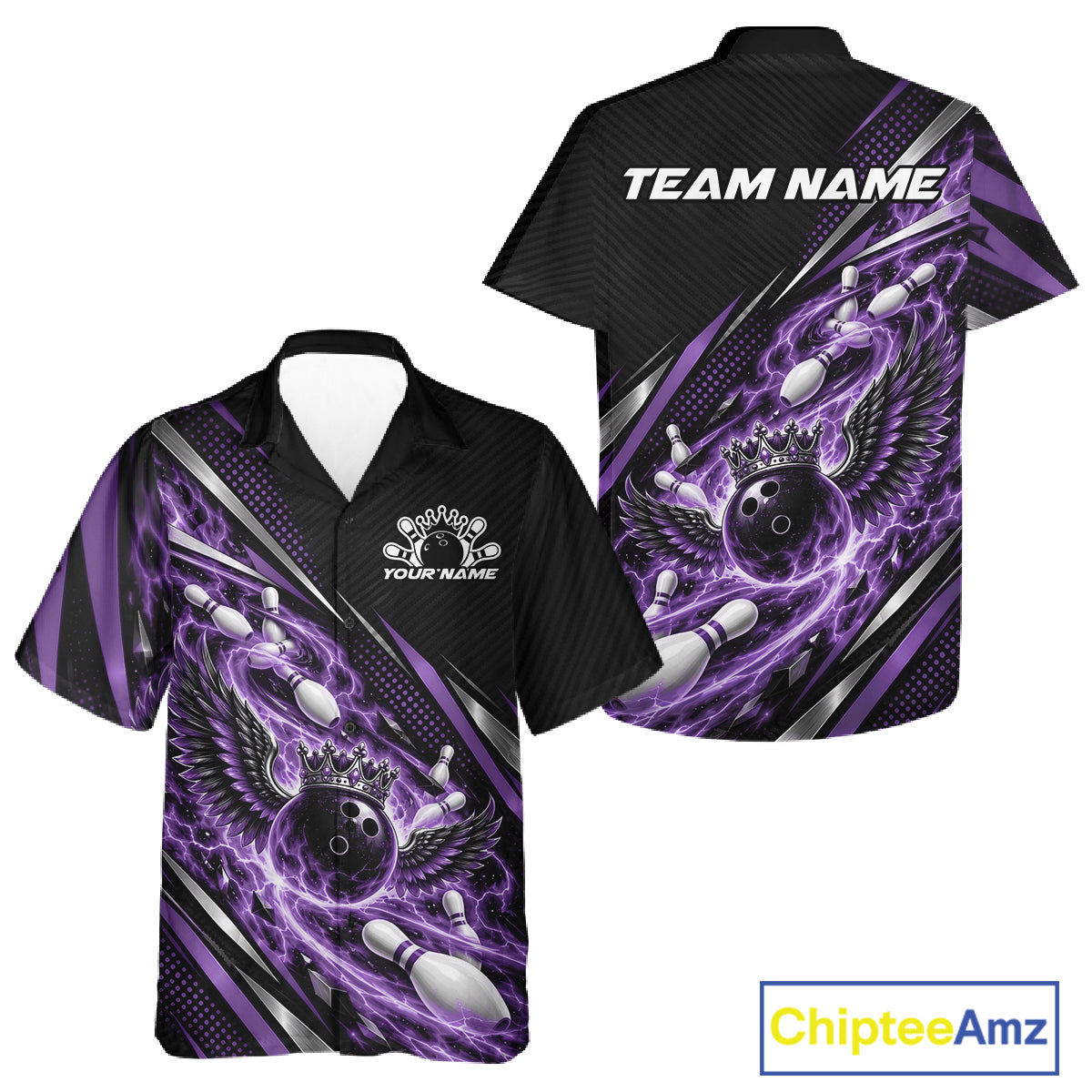 Custom Purple Flame Bowling Men And Women Button Up Shirt, Crown Bowling Ball With Wings Bowling Jersey IPHW12312
