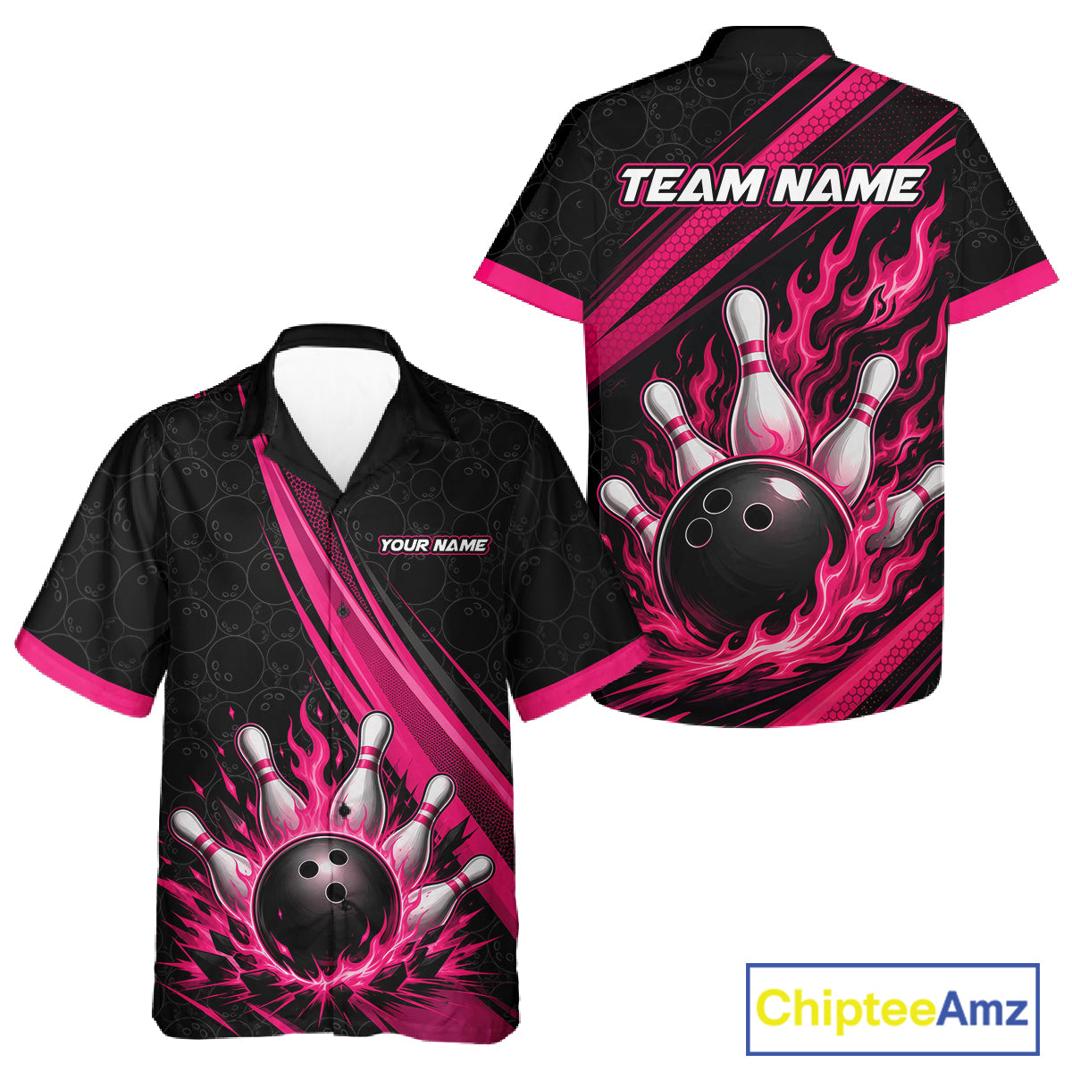 Black and pink bowling-themed short-sleeve button up shirt shown from front and back, with flame and bowling ball graphics, customizable text placeholders