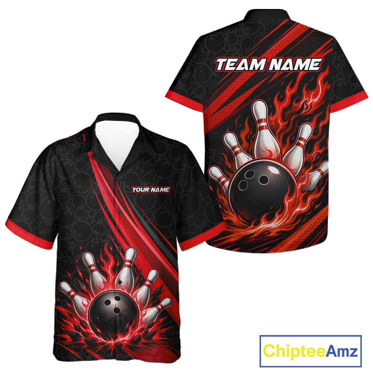 Custom bowling-themed short-sleeve button-up shirt shown from the front and back. The design features a black background with red flame-like diagonal stripes, a graphic of a black bowling ball and white bowling pins surrounded by red flames