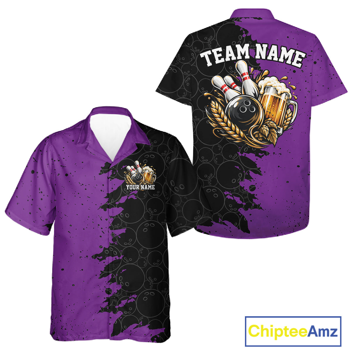 Custom Black And Purple Grunge Vintage Bowling Beer Men And Women Button Up Team Shirt IPHW12798