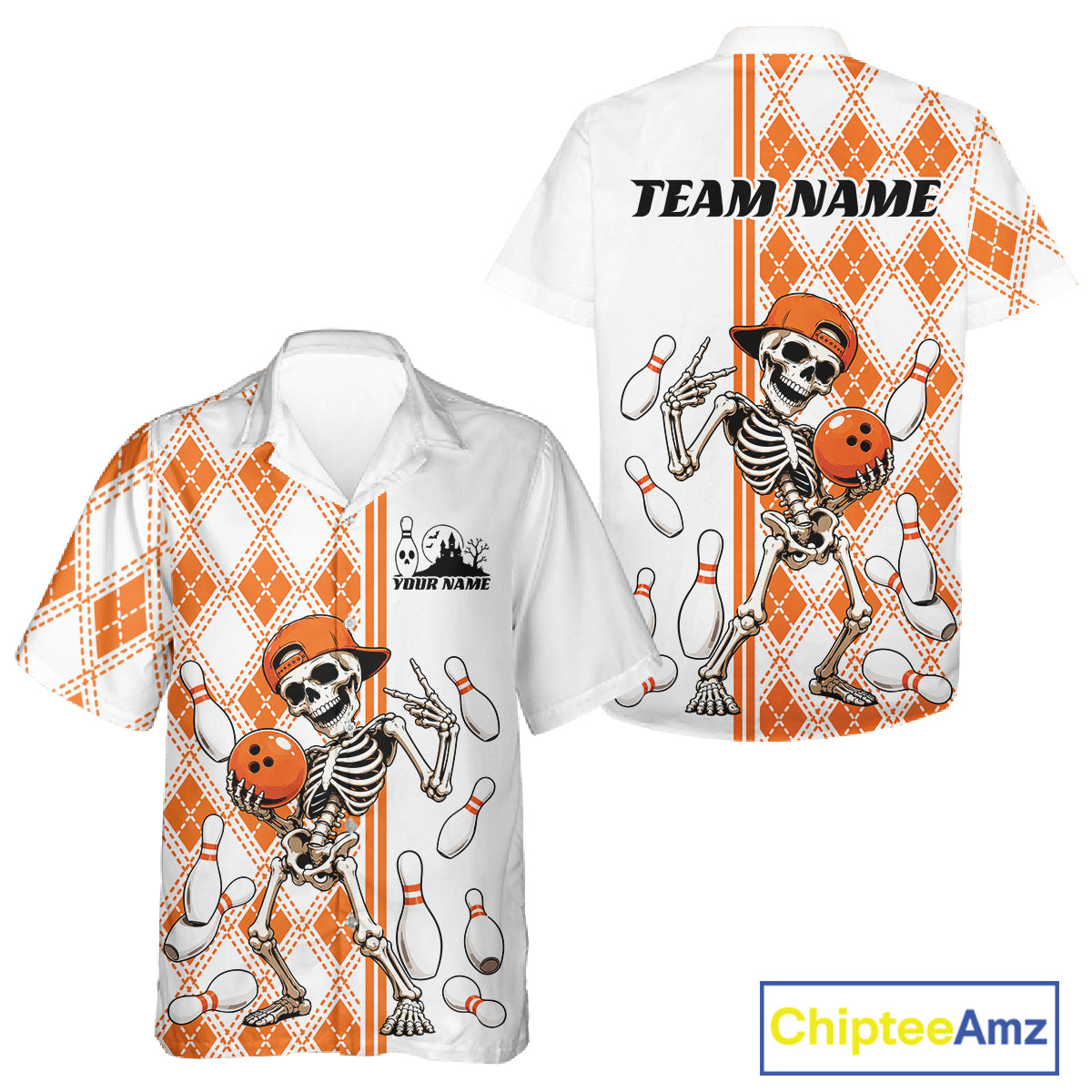 Custom Orange Argyle Pattern Funny Skeleton Halloween Bowling Men And Women Button Up Shirt IPHW11974