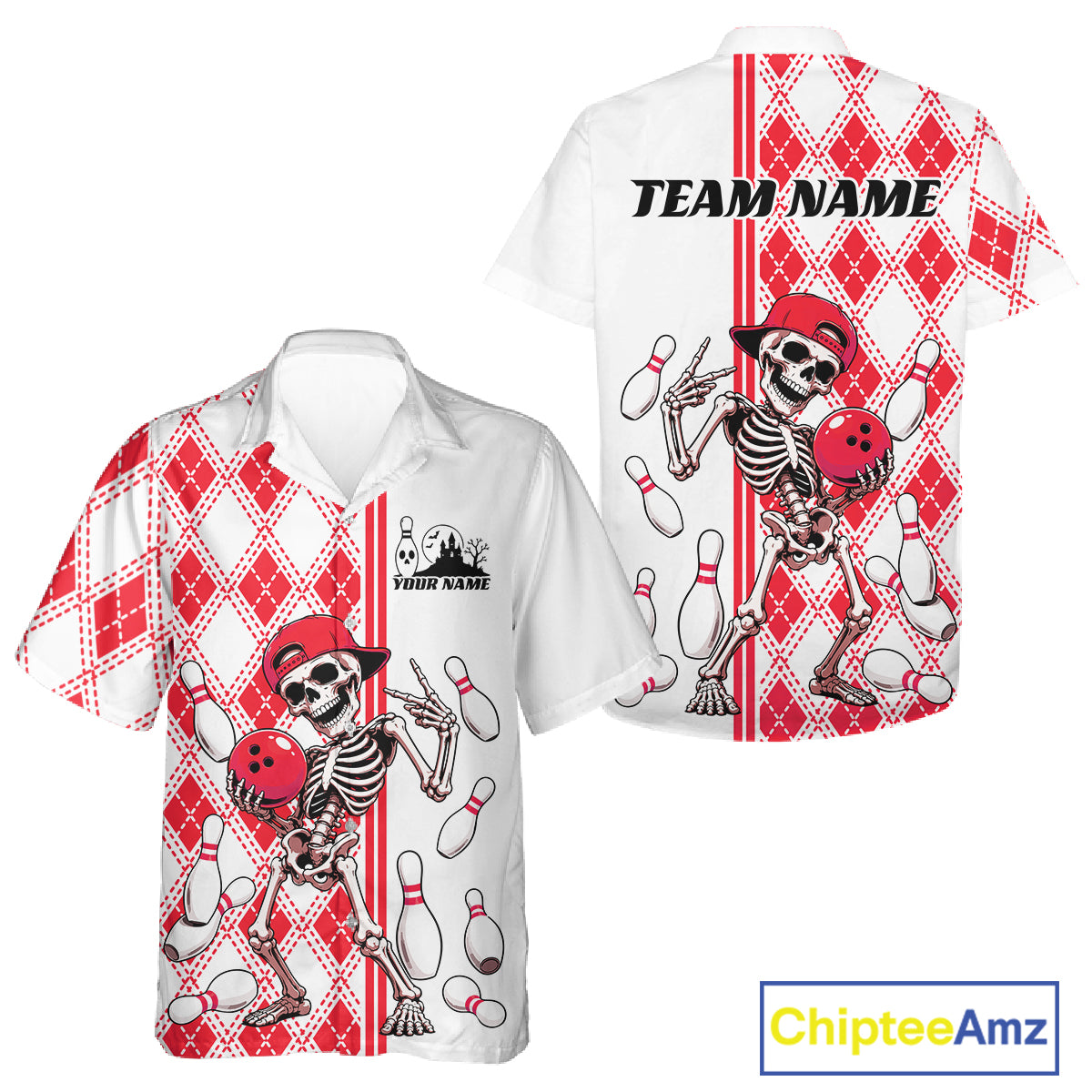 Custom Red Argyle Pattern Funny Skeleton Halloween Bowling Men And Women Button Up Shirt IPHW11976