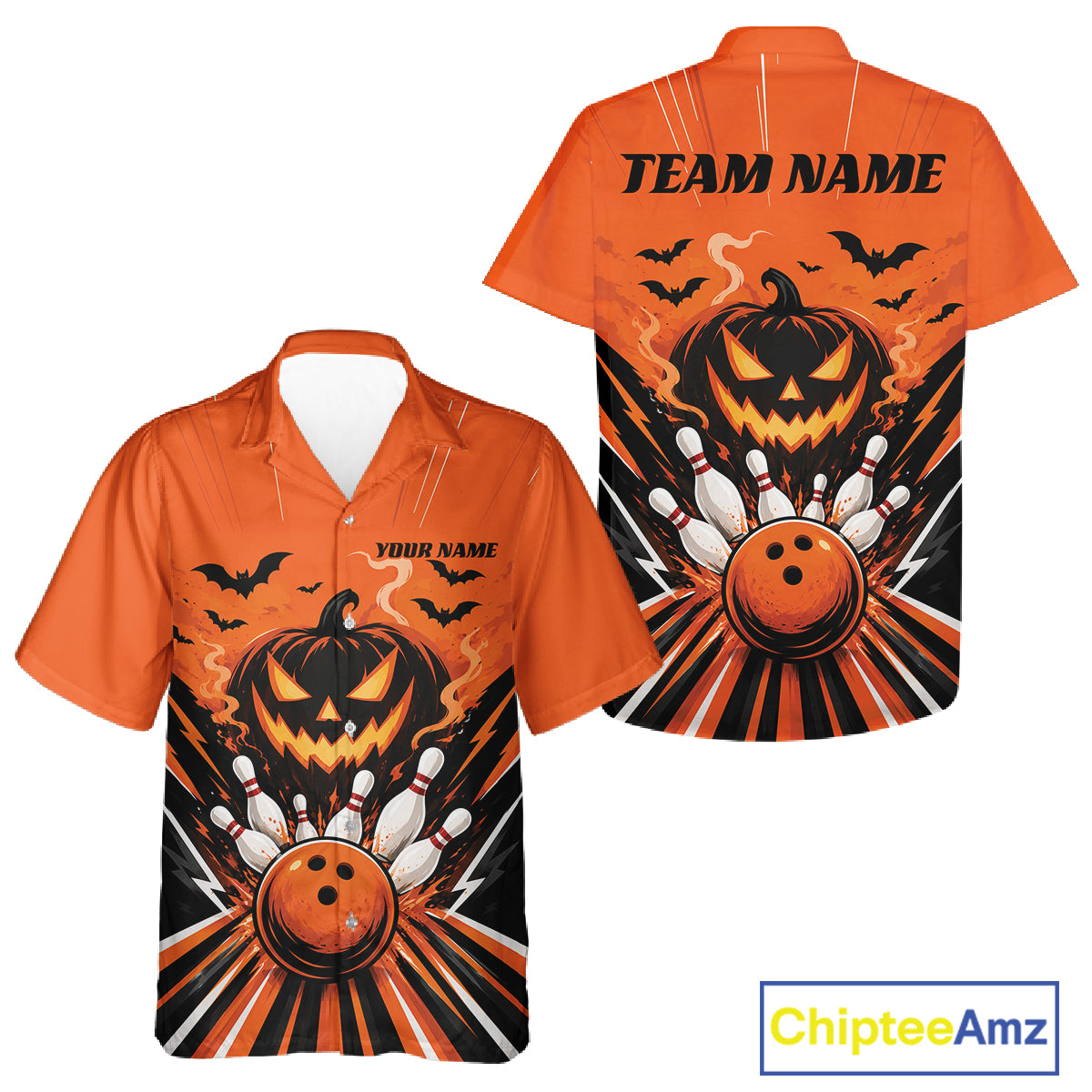 Custom Funny Orange Jack O Lantern Halloween Bowling Men And Women Button Up Shirt, Team Outfit IPHW11985