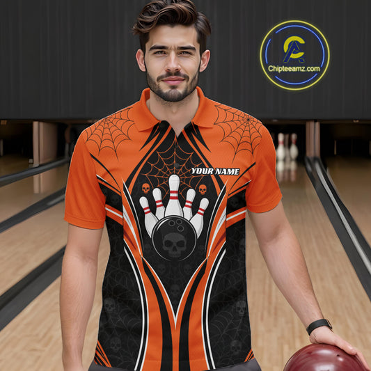 Custom Black And Orange Skull Bowling Ball And Spider Web Halloween Men Polo Shirt IPHW11987