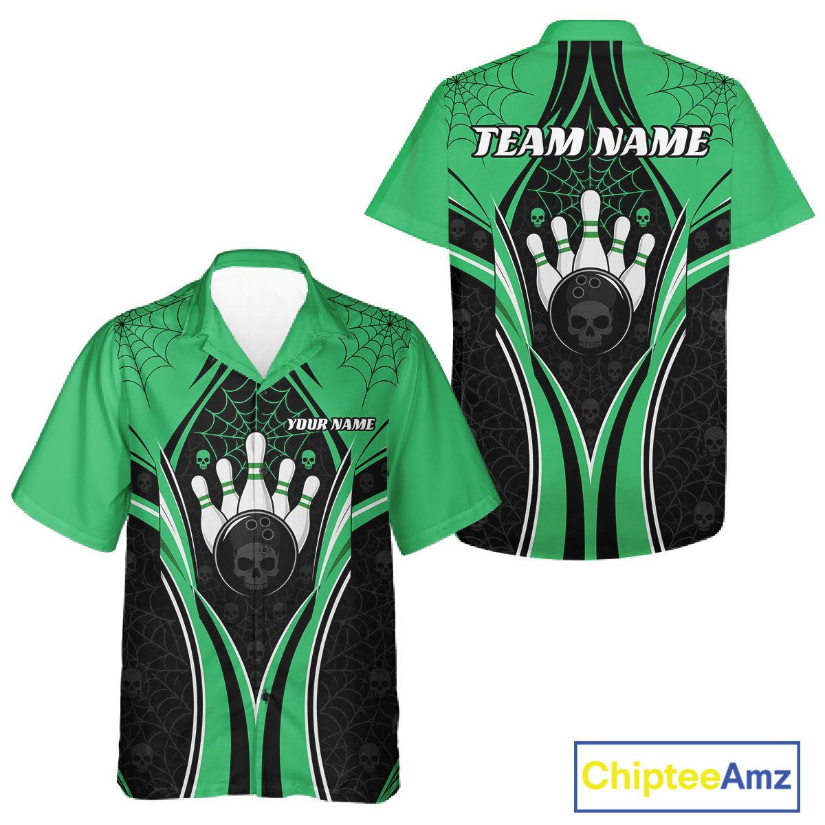 Custom Black And Green Skull Bowling Ball And Spider Web Halloween Men And Women Button Up Shirt IPHW11989
