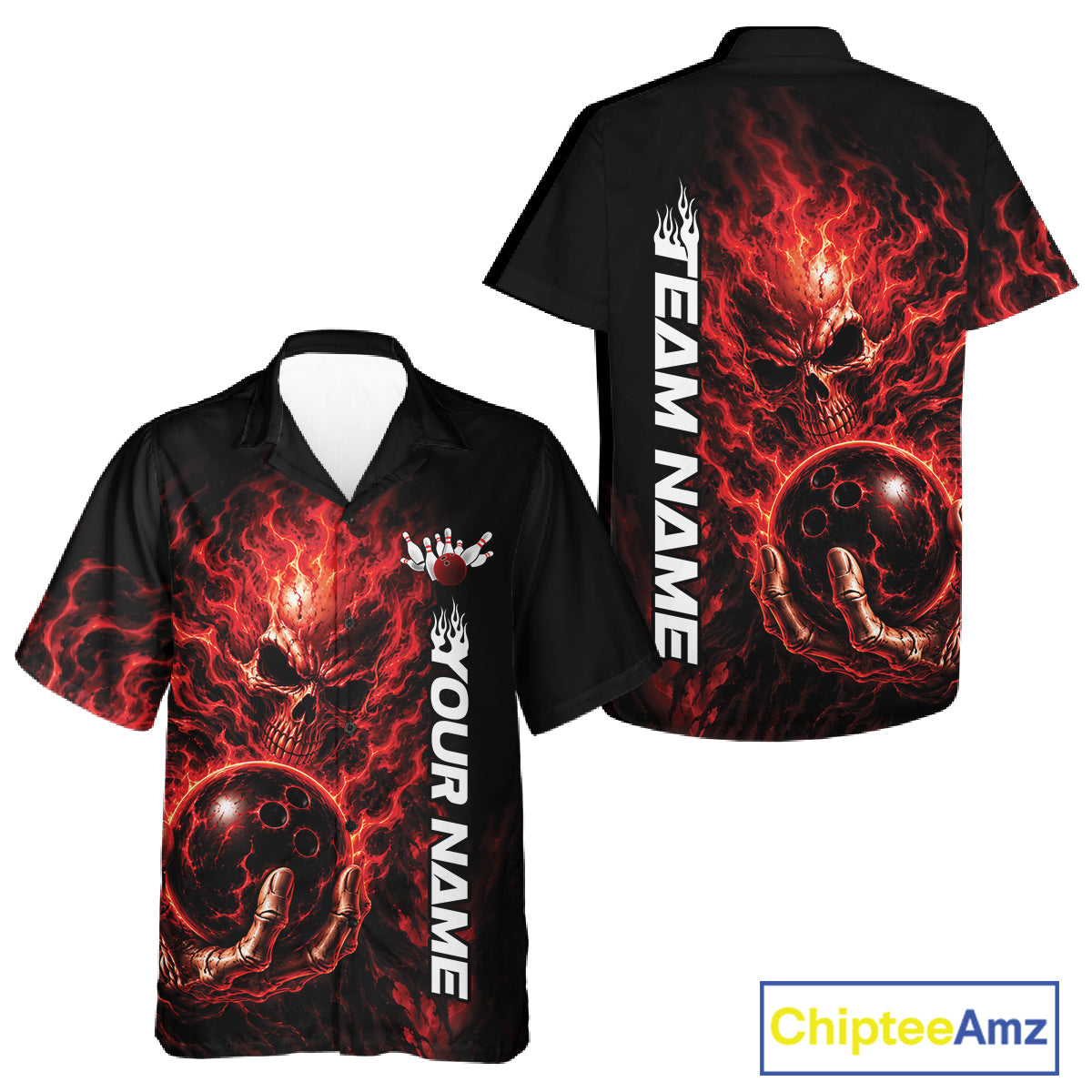 Custom Black And Red Flame Skull Halloween Bowling Team Men And Women Button Up Shirt, Bowling Jersey IPHW12003