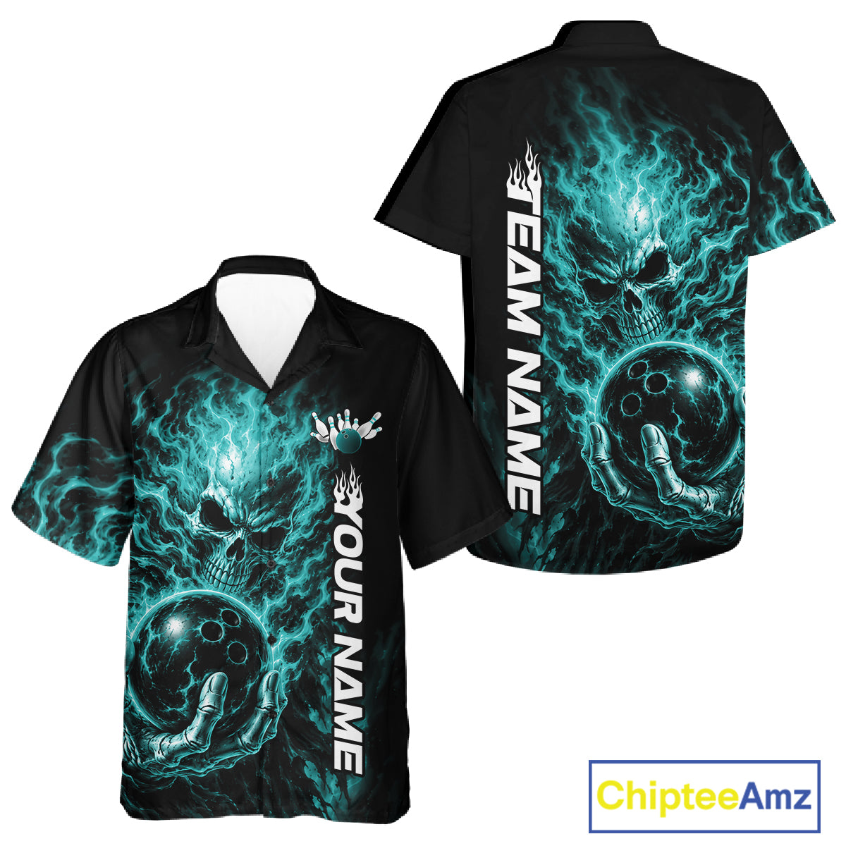 Custom Turquoise Blue Flame Skull Halloween Bowling Team Men And Women Button Up Shirt, Bowling Jersey IPHW12004