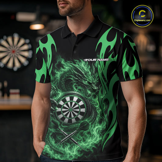 Custom Black And Green Tribal Flame Dragon Dart Jersey, Dart Team Men Polo Shirt IPHW12096
