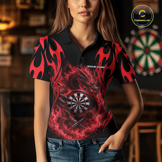 Custom Black And Red Tribal Flame Dragon Dart Jersey, Dart Team Women Polo Shirt IPHW12099