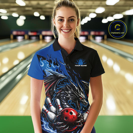 Custom Blue And Red Dragon Bowling Women Polo Team Shirt, Dragon Bowling League Shirts IPHW10368